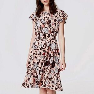 LOFT Floral Flutter Sleeve Midi Tea Length Pink A-Line Dress Church Office Retro